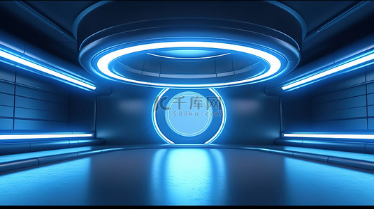 空荡荡的深蓝色工作室房间 3D 渲染中带有蓝色灯光的未来科幻走廊