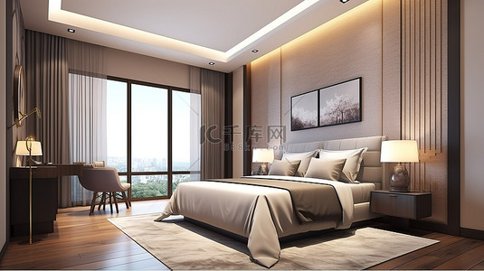 气息报名背景图片_酒店套房散发着奢华气息，现代卧室令人惊叹的 3D 渲染