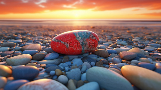 夏天风景背景图片_充满活力的日落石头 3d 渲染海滩上的鹅卵石