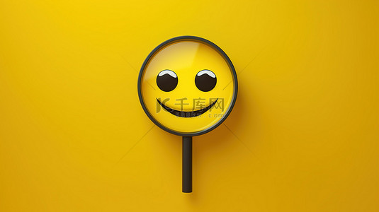 卡通放大鏡背景图片_充满活力的黄色背景上的放大镜放大的 3D 渲染笑脸