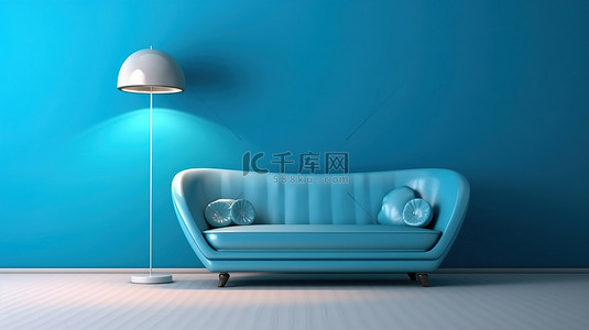 家居背景蓝色背景图片_蓝色沙发和灯的渲染 3D 图像