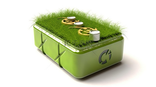 3d 渲染白色背景，带有回收标志，充满电的草电池，体现绿色能源概念