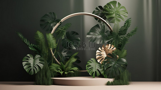 现代讲台布置与 3D 创建的热带龟背竹植物
