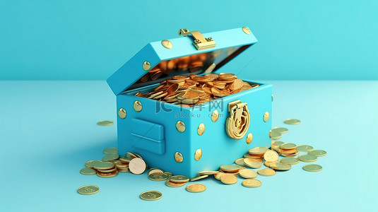 蓝色背景安全箱中银行安全硬币的 3D 插图，带复制空间