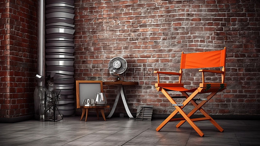 砖墙上的电影道具，以导演椅电影拍板和扩音器为特色