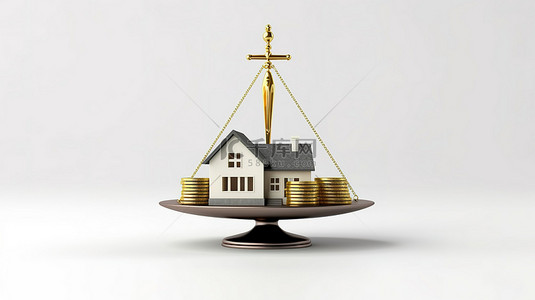简单的体重秤，在白色背景的 3D 渲染房屋中进行货币平衡