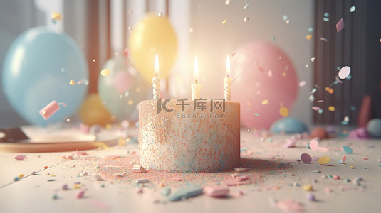 生日庆典用柔和的 3D 渲染蛋糕与蜡烛和波普尔五彩纸屑完美的派对横幅图像