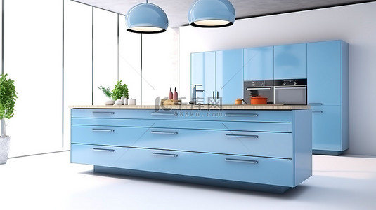 白色背景照亮了厨房，在 3D 渲染中设有引人注目的蓝色岛屿