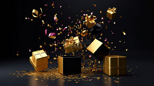聖誕卡背景图片_充满活力的 3D 塑料礼品盒层叠着丝带闪闪发光的小玩意球和金色五彩纸屑闪闪发光