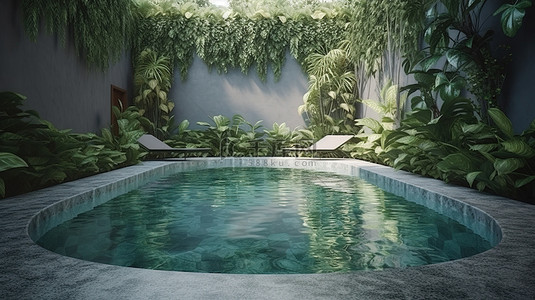 公园实拍背景图片_阳光普照的游泳池，配有巴厘岛石雕和 3D 渲染的郁郁葱葱的花盆箱