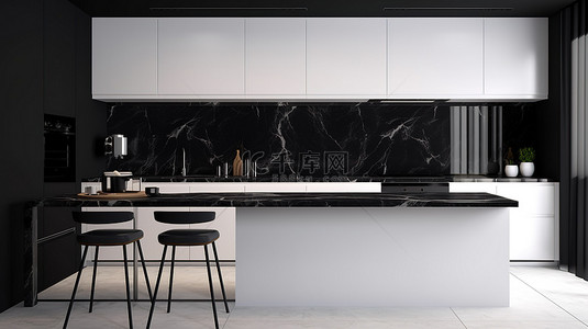 在 3D 渲染中采用极简黑白设计的现代厨房柜台