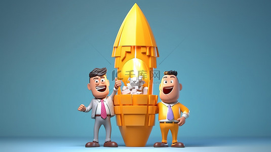 两个动画人物发射火箭来代表创新和创业概念 3D 插图