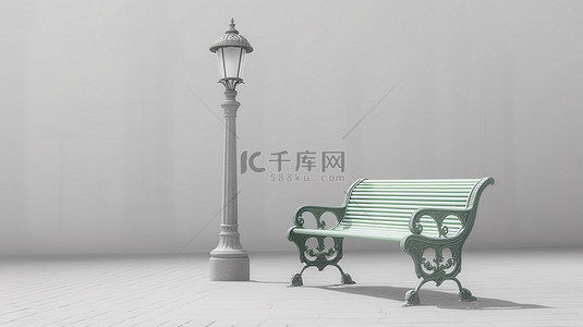 老式公园长椅和单色柔和的绿色路灯美丽的 3D 渲染