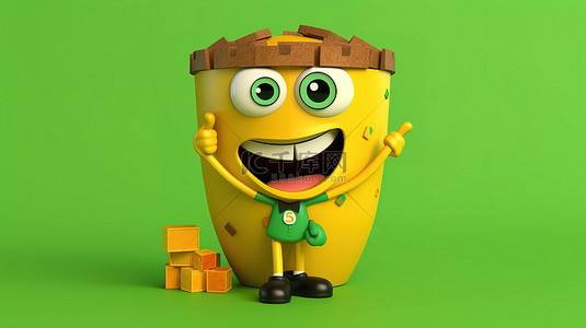 3D 渲染回收吉祥物业务图表在黄色背景与绿色垃圾桶