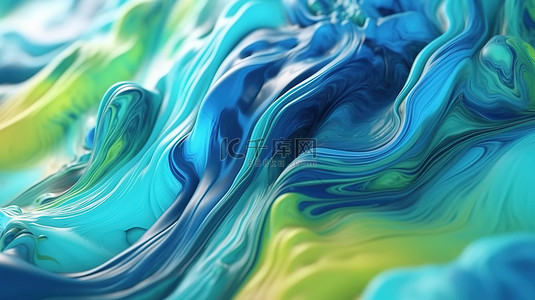 华丽的抽象流体背景 3D 渲染插图中蓝色和绿色的迷人混合