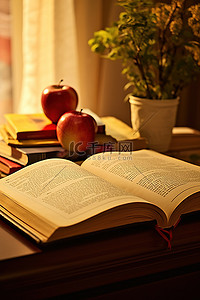 苹果和其他物品旁边的一本打开的书
