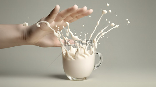 酸奶牛奶背景图片_3d 渲染牛奶从玻璃杯中溢出，呈手形