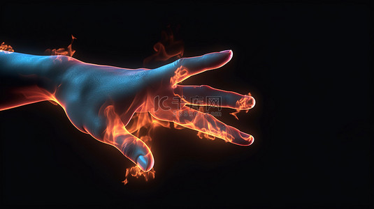 强烈的 3D 特写手伸出，散发着火热的光芒，象征着停止的行动