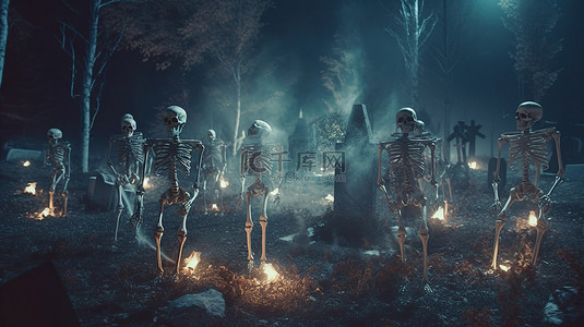 万圣节月光下攻击的墓地混乱骷髅 3D 渲染