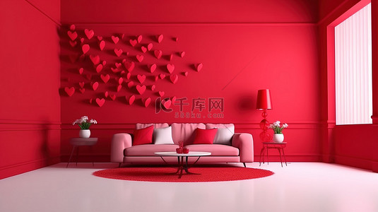 情人节灵感的客厅内部以红色主题和空墙 3D 渲染上充足的复制空间