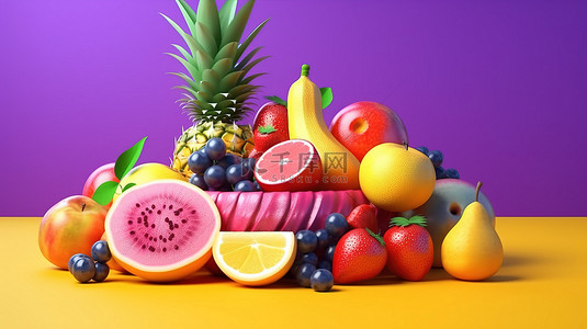 充满活力的夏季水果展示西瓜柠檬和橙色在紫色背景 3D 渲染夏季主题