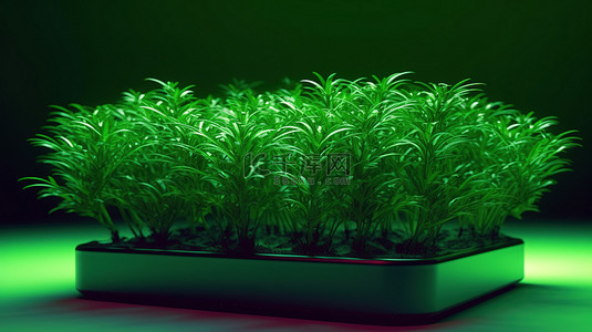 绿色农场背景图片_迷迭香植物在 LED 生长灯下繁盛的 3D 插图