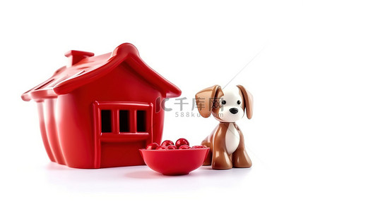 动物狗狗的可爱背景图片_白色背景下带红色塑料碗和狗咀嚼骨头的卡通狗屋的 3D 渲染