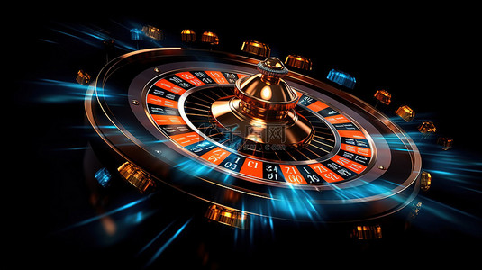 黑色背景 3D 轮盘赌轮，橙色和蓝色灯光逼真地照亮，并带有飞行中的金币