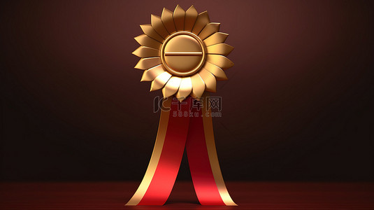 红色背景图片_棕色背景上带有红色玫瑰花结丝带的金色奖杯的 3D 渲染是成就的象征
