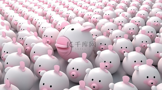 粉红色的存钱罐领先一群白色的存钱罐跟在 3D 渲染后面