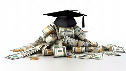 金钱帽背景图片_金钱和教育 3D 渲染毕业帽和现金堆栈在白色背景