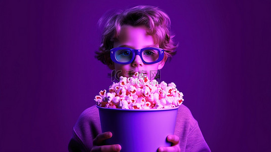 戴着 3D 眼镜的孩子站在紫色背景上享受爆米花