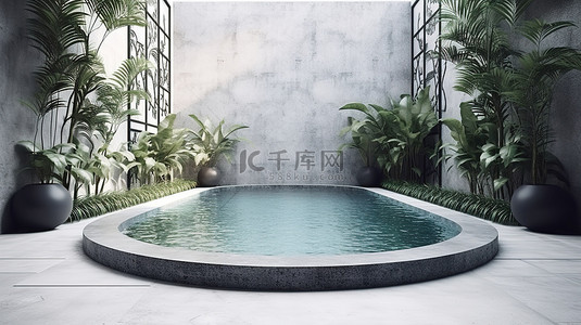 公园实拍背景图片_阳光亲吻的游泳池，配有巴厘岛石雕花盆箱和日光浴床，令人惊叹的 3D 渲染