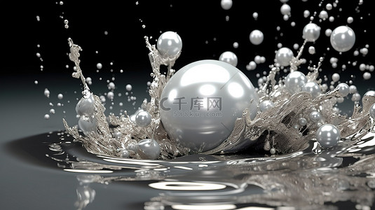 发光珍珠优雅，闪闪发光的银色 3D 渲染中神秘而奢华的飞溅