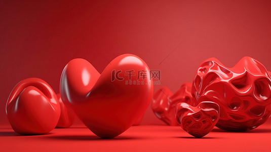 红色背景上的情人节 3D 心图