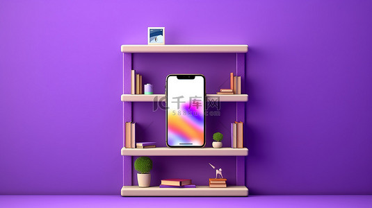 电脑紫色背景背景图片_带紫色墙架和手机的水平背景横幅的 3D 插图