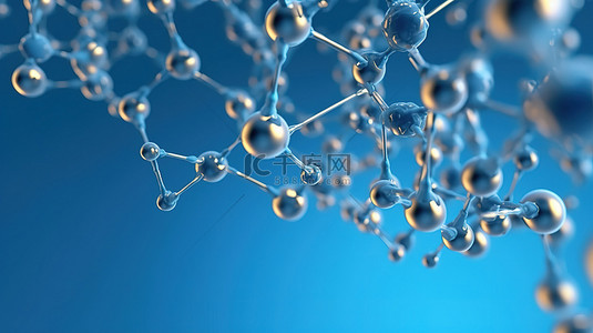 用于演示的蓝色背景下的原子连接的 3D 渲染