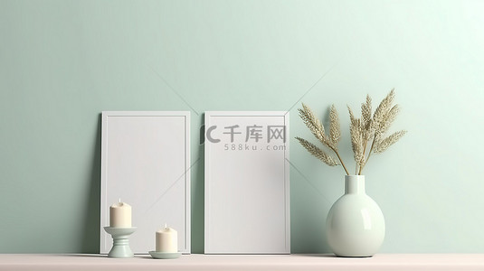现代花瓶背景图片_明亮的现代室内装饰的 3D 渲染，配有绿色墙壁蜡烛和空海报框架模型