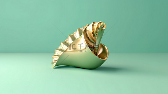 柔和的绿色金色贝壳雕塑的 3D 渲染