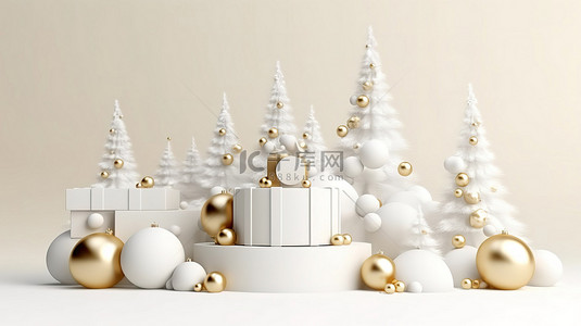 金色礼品台背景图片_当代白色和金色讲台，配有圣诞树礼品气球和 3D 插图新年背景
