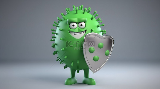 男人健康背景图片_3D 渲染卡通男性的插图，带有绿色盾牌，保护健康免受病毒图标的影响