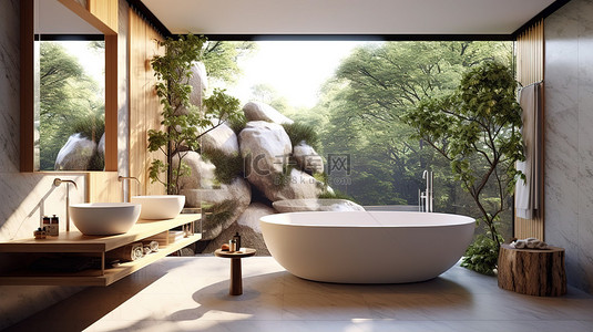 自然风光背景图片_现代浴室设计以自然风光时尚水槽浴缸和令人惊叹的石砖 3D 插图为特色