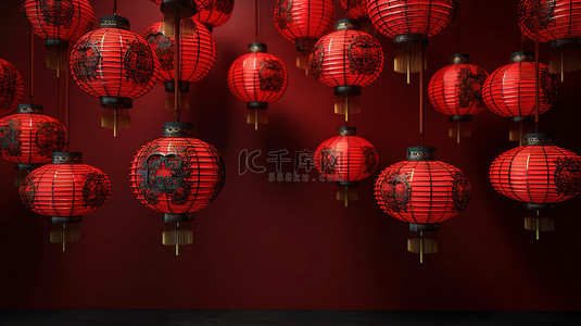 喜庆红色充满活力的中国灯笼的 3D 插图