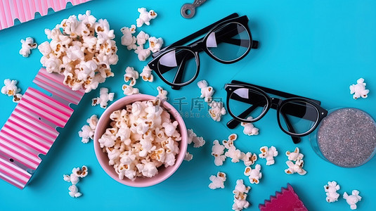 顶视图平躺的娱乐用品拍板爆米花碗 3D 眼镜和粉色和蓝色背景的录像带