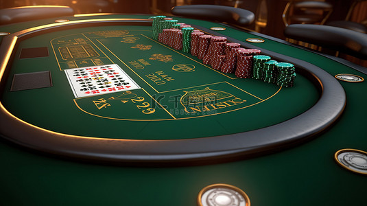 扑克牌桌子背景图片_21 点桌的 3D 插图，特写视图中带有卡片和筹码