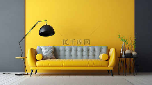 黄色简约沙发背景图片_蓝色和黄色简约客厅的斯堪的纳维亚室内设计，配有沙发和枕头