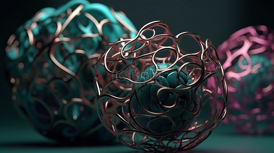 超现实球花抽象 3d 渲染背景中的有机曲线和波浪线