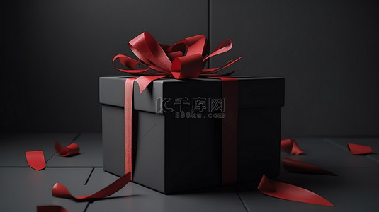 红丝带在 3D 渲染中绑在黑色礼品盒上