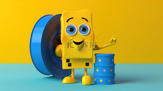 黄色背景的 3D 渲染与蓝书人物吉祥物和电影卷轴电影磁带