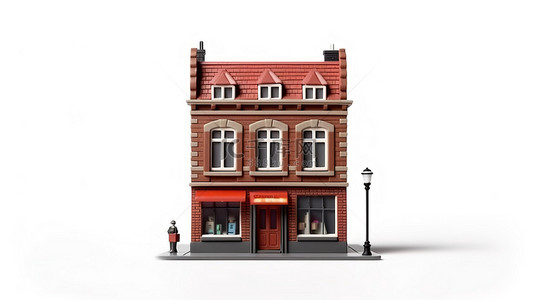 城市环境中的红砖房屋建筑白色背景 3D 渲染